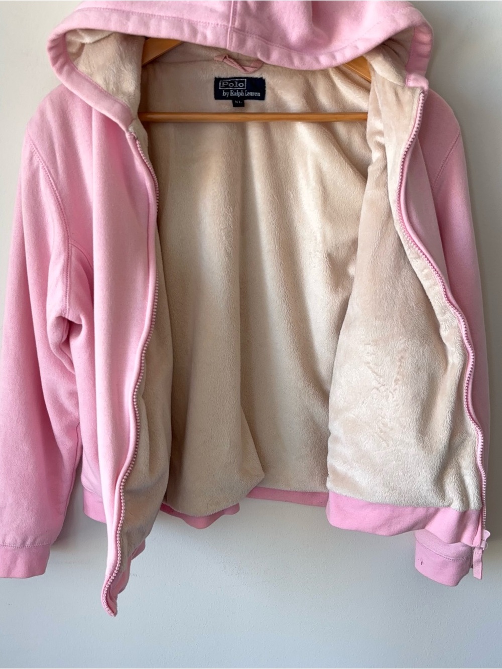 Polo Ralph Lauren Plush Lined Hoodie Sweatshirt Size XL Light Pink Fleece Sherpa